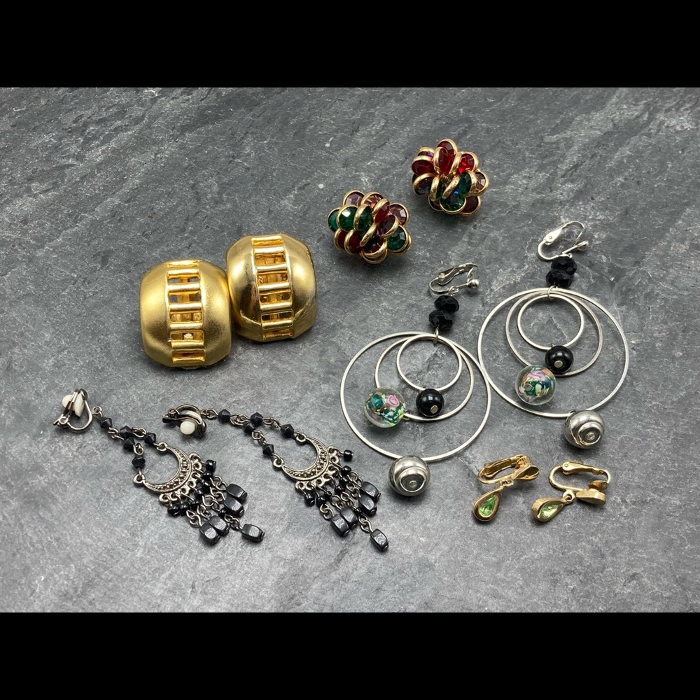 CLIP-ON Women’s Vintage Bundle 5x pairs earrings silver gold cloisonné